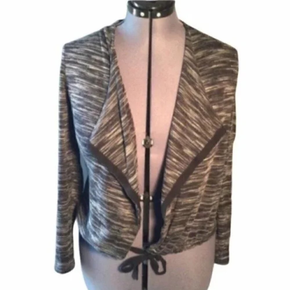 Loft Women's Size Small Waterfall Cardigan Tie Front Marled Black White Stretch